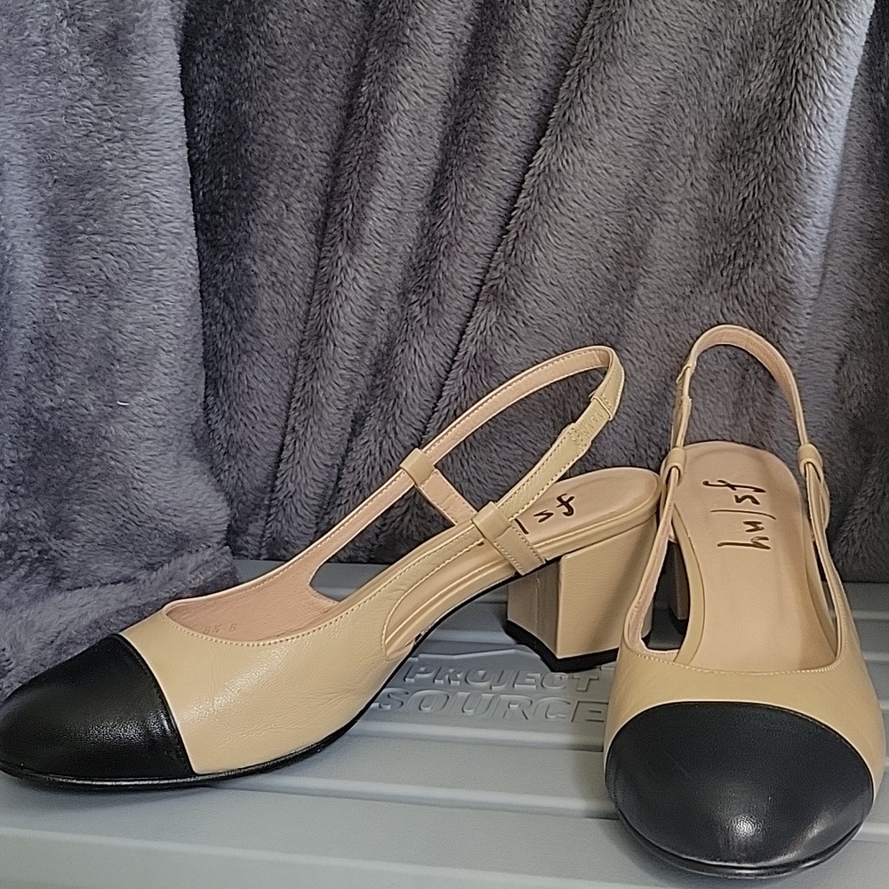 French Sole FS NY Spring Tan Black Toecap Slingbacks Size 8.5 Block Heel - Picture 2 of 9
